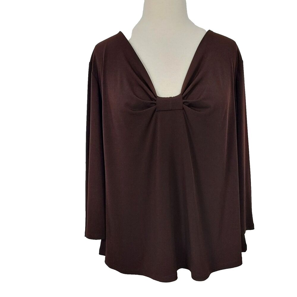 George Shirt Top Women Plus Size 22W 24W Brown Stretch 3/4 Sleeve Ruched Neck